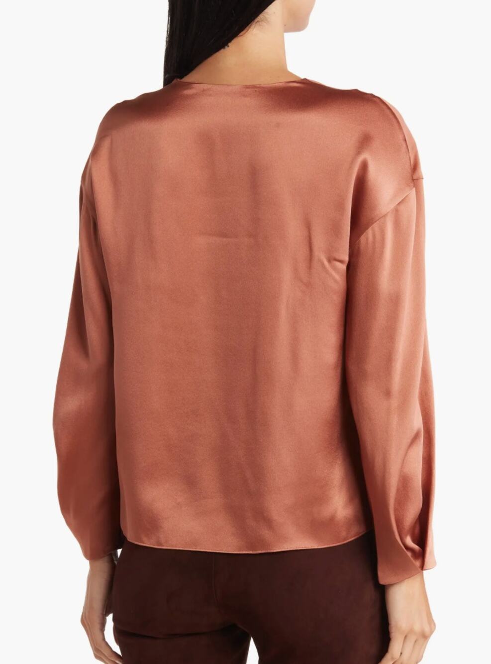 Vince 100% Silk Satin Blouse XS Copper Rust V Neck Pleat Front Long Sleeve